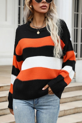 winter new contrast color knitted patchwork slight stretch long sleeve crew neck button decor loose stylish street casual sweater