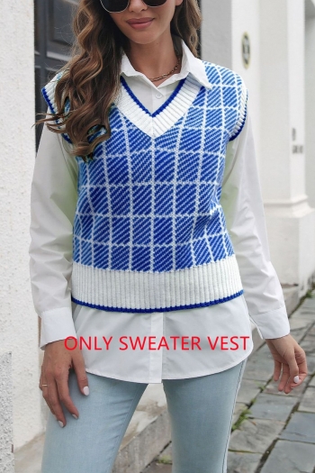 autumn new 3 colors plaid knitted slight stretch v-neck stylish all-match sweater vest(only sweater vest)