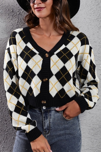 autumn & winter new diamond knitted slight stretch v-neck single-breasted stylish all-match sweater