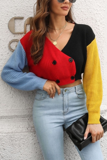 autumn & winter new contrast color stitching slight stretch v-neck double-breasted stylish exquisite crop knitted sweater