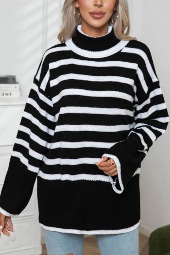 casual slight stretch stripe knitted two colors turtleneck loose sweater