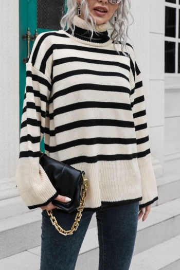winter new stripe knitted slight stretch turtleneck loose stylish casual sweater