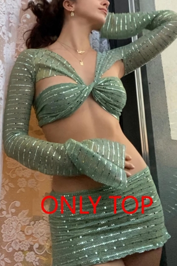 autumn new stylish two colors sequin decor halter-neck lace-up backless v-neck long sleeve slight stretch exquisite top