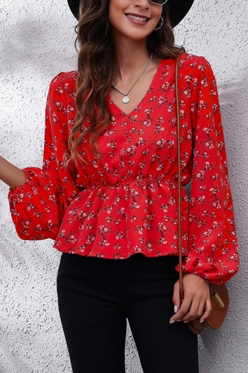 autumn new two colors floral printing non-stretch v-neck lantern-sleeve stylish casual chiffon top