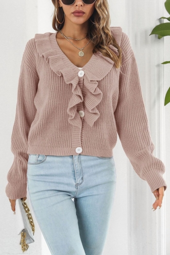winter new three colors slight stretch v-neck single-breasted ruffle stylish all-match knitted sweater(new added color)