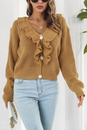 winter new two colors slight stretch v-neck single-breasted ruffle stylish all-match knitted sweater