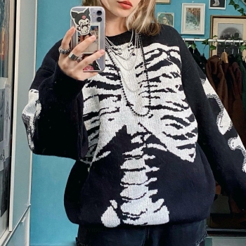 halloween new stylish skull printing slight stretch loose knitted high quality casual sweater