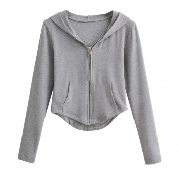 Autumn new 4 colors slight stretch hooded zip-up pocket arc hem stylish all-match sweatshirt
