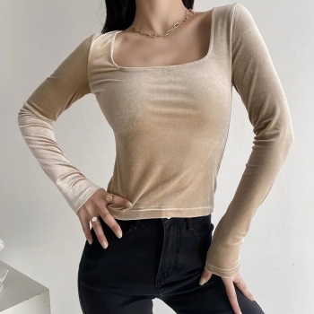 Autumn new 4 colors velvet stretch square-neck long sleeve stylish slim all-match top