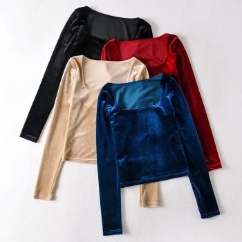 Autumn new 4 colors velvet stretch square-neck long sleeve stylish slim all-match top