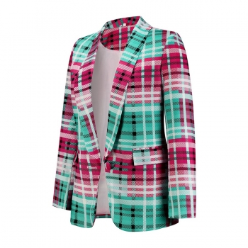Autumn new plus size 4 colors contrast color plaid printing slight stretch long sleeve button pocket stylish high quality all-match blazer