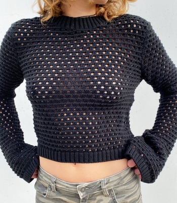 Autumn new stylish solid color hollow knitted slight stretch sexy sweaters