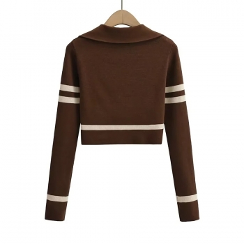 Autumn new 4 colors contrast color knitted slight stretch turndown collar exquisite thin all-match crop sweater