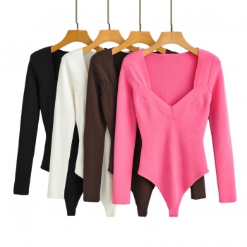 autumn new 3 colors slight stretch v-neck long sleeve stylish slim all-match knitted bodysuit