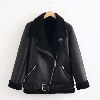 xs-xl winter new solid color non-stretch pu zip-up with belt pocket berber fleece high quality fashion warm jacket