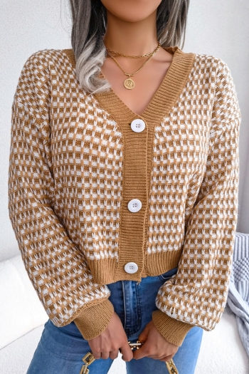 winter new 3 colors lattice knitted slight stretch v-neck single-breasted lantern-sleeve stylish all-match sweater