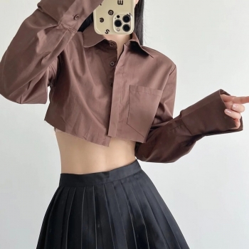 Autumn new two colors non-stretch single-breasted pocket stylish irregular crop blouse