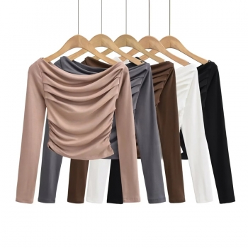 autumn new 5 colors high stretch boat-neck long sleeve shirring stylish all-match crop top