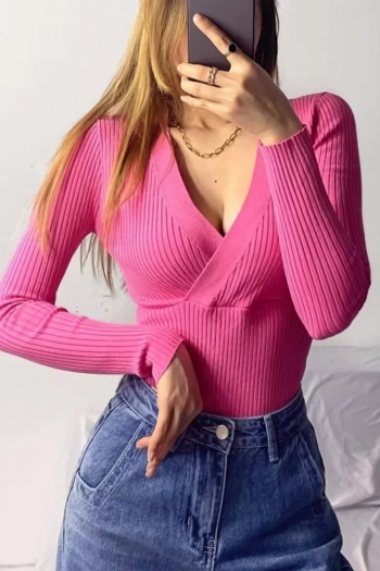 autumn new 5 colors ribbed knit stretch v-neck long sleeve sexy all-match bodysuit