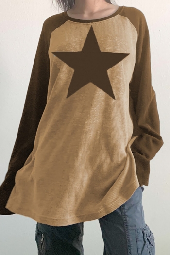 autumn new two colors pentagram fixed printing contrast color stitching long sleeve stylish casual knitted top