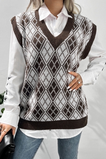 autumn & winter new knitted diamond pattern slight stretch v-neck stylish loose casual sweater vest(only sweater vest)