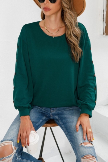 autumn new stylish simple solid color single-breasted crew neck slight stretch plus size loose casual top