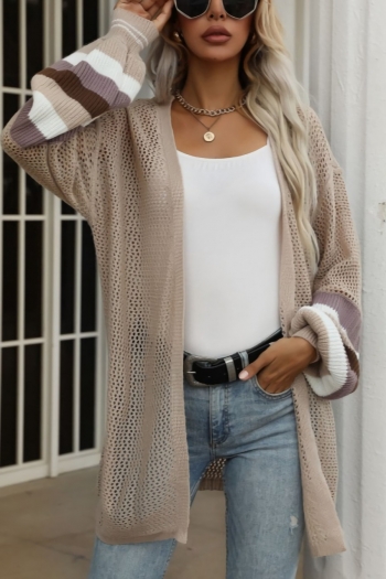 early autumn new knitted contrast color stripe patchwork slight stretch hollow stylish casual  cardigan (only cardigan)