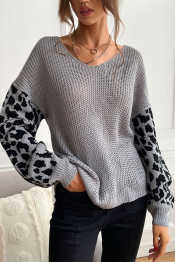 autumn & winter new 4 colors knitted leopard patchwork slight stretch v-neck stylish casual sweater