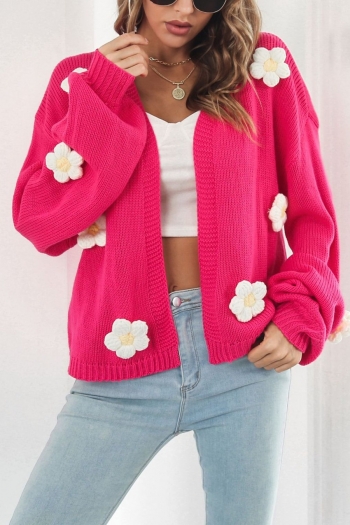 winter new 3 colors three-dimensional flower embroidered slight stretch lantern-sleeve stylish all-match knitted cardigan sweater(without underwear)