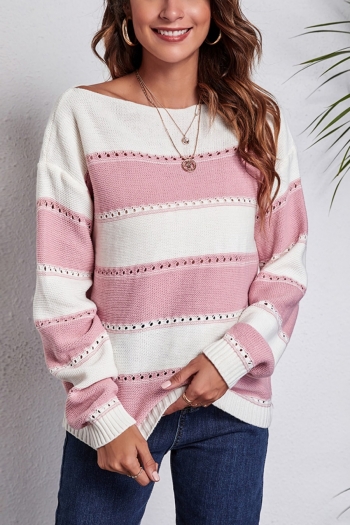 Autumn & winter new 4 colors stripe hollow knitted slight stretch boat-neck stylish casual sweater