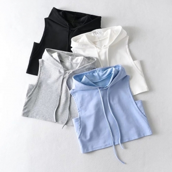 Summer 4 colors slight stretch hooded drawstring stylish all-match crop tank top