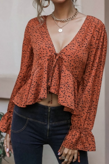 xs-l autumn new 3 colors non-stretch leopard printing v-neck ruffle flared long sleeves exquisite crop blouse
