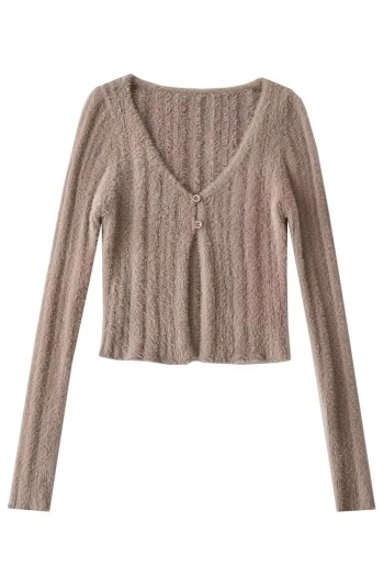 autumn new 3 colors slight stretch v-neck button stylish all-match thin furry crop sweater