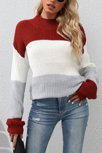 winter new knitted contrast color patchwork slight stretch long sleeve crew neck loose stylish casual sweater