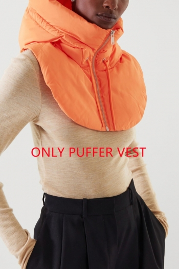 autumn & winter new plus size 6 colors non-stretch hooded zip-up drawstring irregular stylish all-match crop puffer vest(only puffer vest)