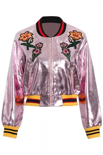 autumn & winter new flower embroidered pu stitching slight stretch zip-up pocket stylish high quality all-match leather jacket