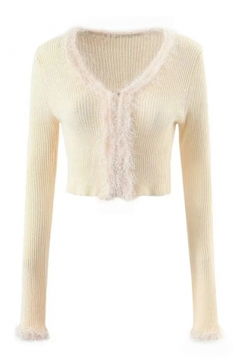 autumn new two colors slight stretch v-neck metal hook buckle stylish exquisite thin crop fuzzy knitted sweater