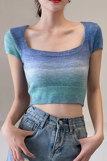 summer 3 colors gradient color knitted slight stretch square-neck stylish hot all-match t-shirt