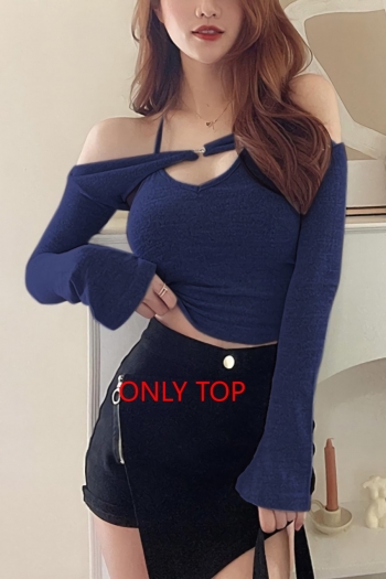 autumn new stylish three colors halter-neck lace-up off shoulder long sleeve hollow slight stretch exquisite top