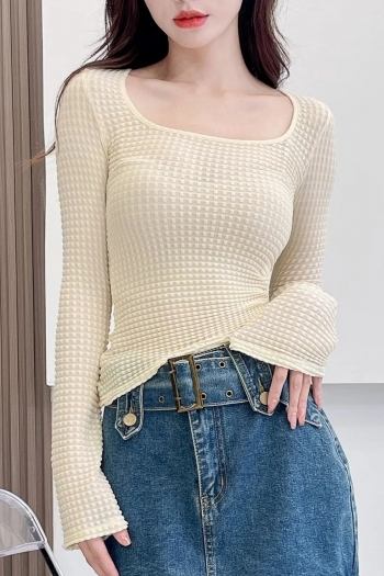 autumn new three colors textured waffle fabric stretch bell-sleeve irregular stylish all-match top