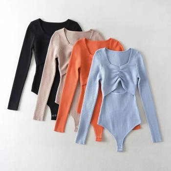 autumn new 4 colors ribbed knit stretch v-neck hollow out shirring sexy slim all-match bodysuit