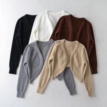 autumn new 5 colors stretch long sleeve stylish all-match crop fuzzy knitted cardigan sweater