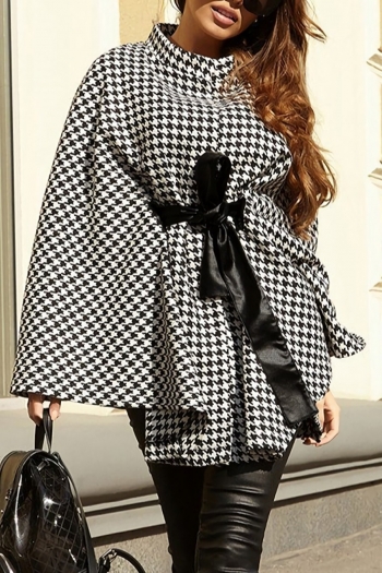 winter houndstooth tweed non-stretch loose lace-up stylish all-match coat