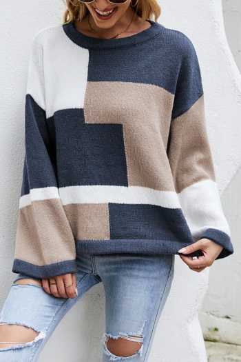 winter new contrast color knitted slight stretch long sleeve casual all-match sweater