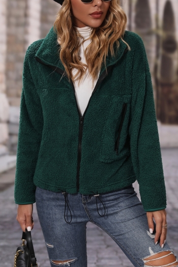autumn & winter new pure color teddy fleece slight stretch zip-up pocket drawstring stylish casual all-match jacket