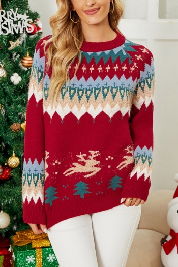 christmas new winter 3 colors stretch fawn knitted contrast color crew neck fashion sweater