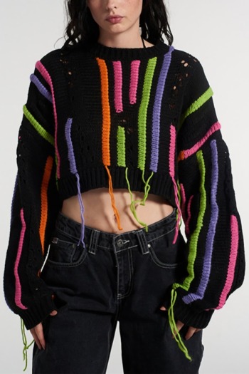 autumn & winter new stretch contrast color knitted tassel hollow crew neck fashion all-match sweater