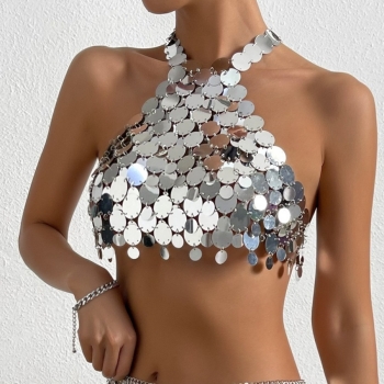 new explosive acrylic sequins halter neck metal chain backless sexy hot vest