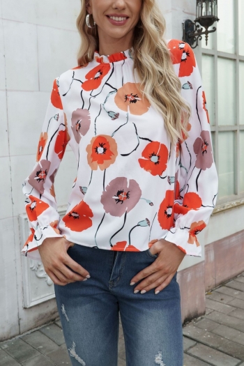 autumn new stylish floral batch printing flared sleeve non-stretch plus size casual tops
