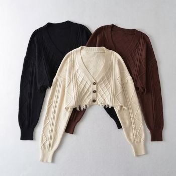 autumn & winter new 3 colors slight stretch v-neck single-breasted raw edge hem stylish all-match high quality crop knitted sweater